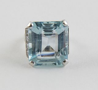Emerald Cut Natural Aquamarine and Diamond Ring