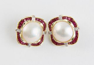Pair of 14k Yellow Gold Mabe Pearl, Ruby and Diamond Earclips