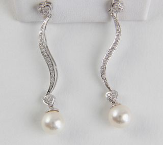 Pair of 8.5mm White Pearl and Diamond Dangle Drop Earrings