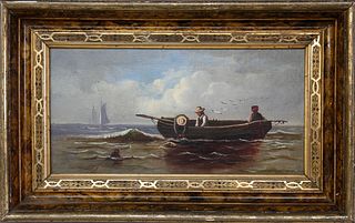 American Oil on Wood Panel "A Dory with Three Fishermen"