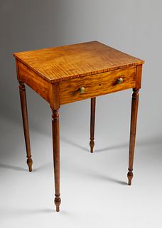 American Sheraton Tiger Maple and Birch One Drawer Worktable, circa 1825