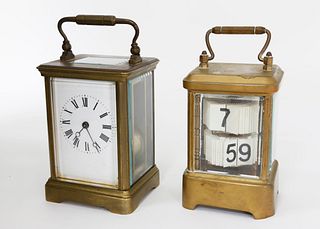 French Bronze Carriage Clock and Ansonia Plate Carriage Clock Digital Flip, 19th Century