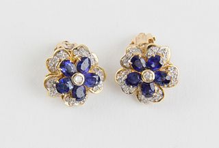 Pair of Blue Sapphire and Diamond Flower Earclips