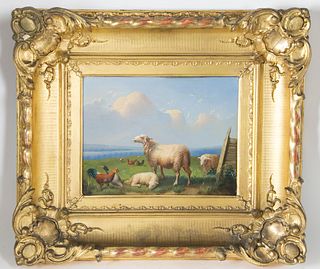 Francois Vandeverdonck Oil on Board "Pastoral Scene with Sheep and Chickens"