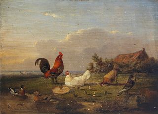 Franz Van Severdonck Oil on Wood Panel "Chickens and Ducks on a Riverbank"