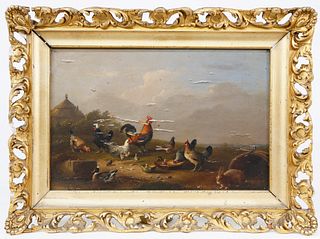 Franz Van Severdonck Oil on Wood Panel "Chickens Feeding"