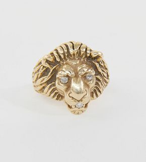 14k Yellow Gold and Diamond Lion's Head Ring