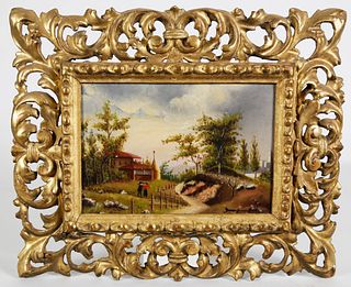 Continental Oil on Panel "Countryside with Two Figures", 19th Century