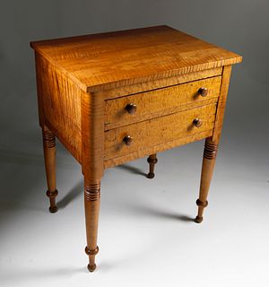 American Tiger and Bird's Eye Maple Two Drawer Work Stand, circa 1825
