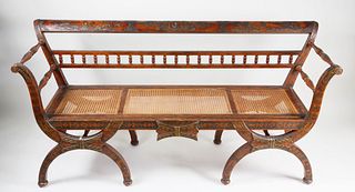 Continental Decorated Caned Seat Double Back Arm Bench, circa 1920
