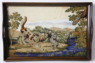 Embroidery and Mixed Media Wood Serving Tray, 19th Century