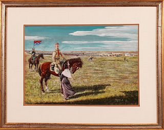 Charles Kemper Tempera on Artist Board "Colonel Custer and the 7th Cavalry Heading Out to the Little Big Horn, Leaving Fort Abraham Lincoln"