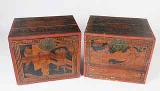 Two Chinese Export Figural Decorated Wood Tea Caddies, circa 1804