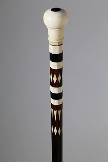 Whaler Made Whale Ivory, Ebony and Rosewood Walking Stick, circa 1850