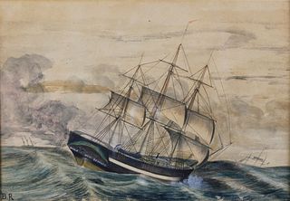 Benjamin Russell Watercolor on Paper "Stern View of the Vessel Milo, a Whaler Out of New Bedford"