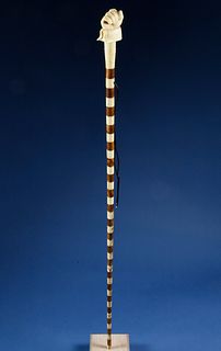 Whaler Made Whale Ivory and Tropical Wood Barber’s Pole Walking Stick, circa 1840