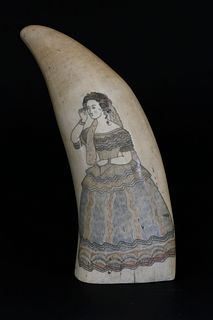 Fine Scrimshaw and Polychromed Fashionable Lady Sperm Whale Tooth, circa 1850