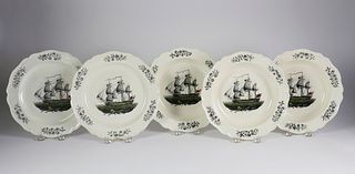 Set of Five English Pearlware Transferware Plates, early 19th Century