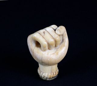 Whaleman Carved Whale Ivory Clenched Fist Walking Stick Grip, circa 1840-1850