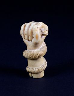Whaleman Carved Study of a Clenched Fist Grasping a Snake, circa 1840-1850