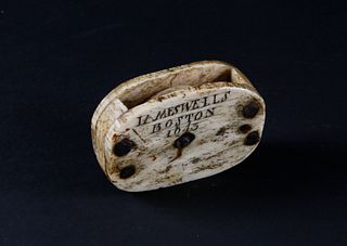 Whaler Made Whalebone and Whale Ivory Ship’s Block Scrimshawed “JAMES WELLS, BOSTON, 1843”,