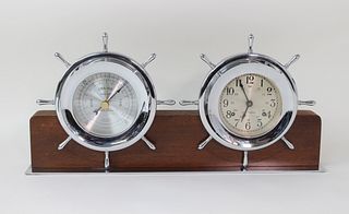 Seth Thomas Nickel Plated Helmsman Ship's Bell Clock and Barometer, 20th Century