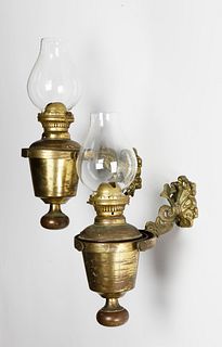 Pair of Gimbal Brass Kerosene Lamps, 19th Century