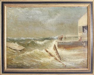 Charles Henry Gifford Oil on Canvas, "Saving the Pier in Stormy Seas"
