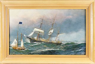 Antonio Jacobsen Oil on Artist Board "Portrait of a 3-Mast Clipper Ship in Turbulent Seas"