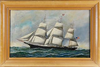 Antonio Jacobsen Oil on Artist Board "Portrait of an American 3-Masted Square Rigged Clipper Ship"