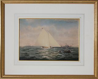 Conrad Freitag Watercolor on Paper "The Sloop Matisse with the Steamship Antelope and Dory Frolic Off Her Bow"