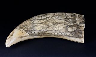 Scrimshaw Sperm Whale Tooth of an American Bark, circa 1850