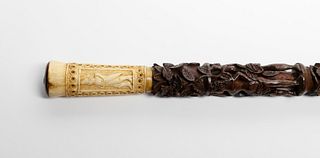 Fancifully Carved Whale Ivory and Wood Walking Stick