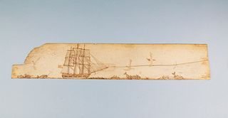 American Whaler Scrimshaw and Polychrome Panbone Plaque, circa 1850