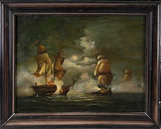 Oil on Canvas "British Naval Engagement", early 19th century