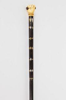 Whaleman Made Inlaid Tropical Wood and Whale Ivory Grip Walking Stick, circa 1850