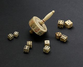 Group of Whale Ivory and Whalebone Dreidel with Dice, 19th Century