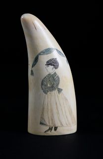 Whaler Scrimshaw and Polychromed Sperm Whale Tooth, circa 1860