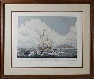 William J. Huggins Hand Colored Engraving "South Sea Whale Fishery", 19th Century