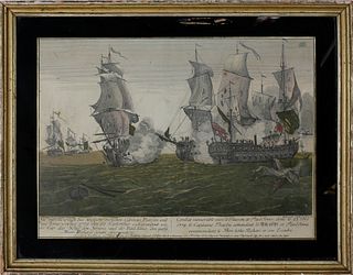 Hand Colored Engraving of Naval Engagement, 18th Century