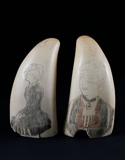 Pair of Whaler Scrimshawed and Polychromed Sperm Whale Teeth, circa 1860