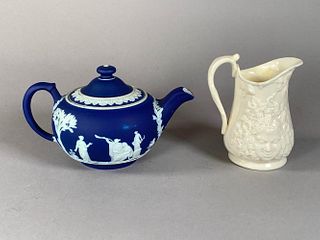 A Wedgwood Jasperware Teapot and Belleek Cream Jug