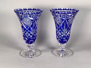 Pair of Cobalt Blue Cut Glass Vases