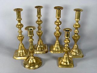 Six Assorted Antique Brass Candlesticks