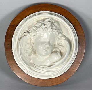 Antique Italian Glazed Ceramic Roundel of a Cherubim