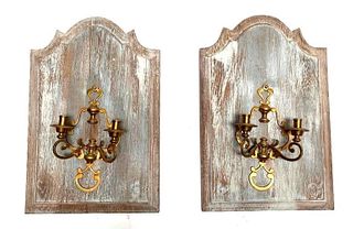 Pair of Dutch Style Brass Sconces on Limed Oak Panels