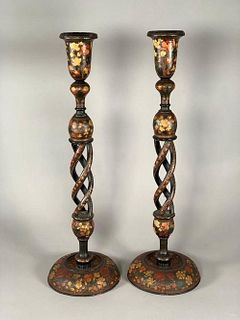 A Pair of Indian Lacquered Papier Mache Candlesticks