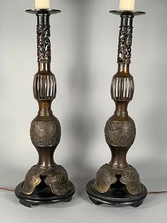 Pair of Chinese Bronze Pricket Sticks, Fitted as Table Lamps