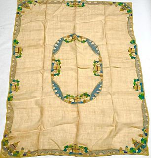 Vintage Linen Tablecloth with Chinese Style Applique