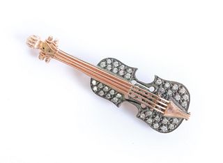 Victorian Style Rose Gold Violin Brooch w/Diamonds